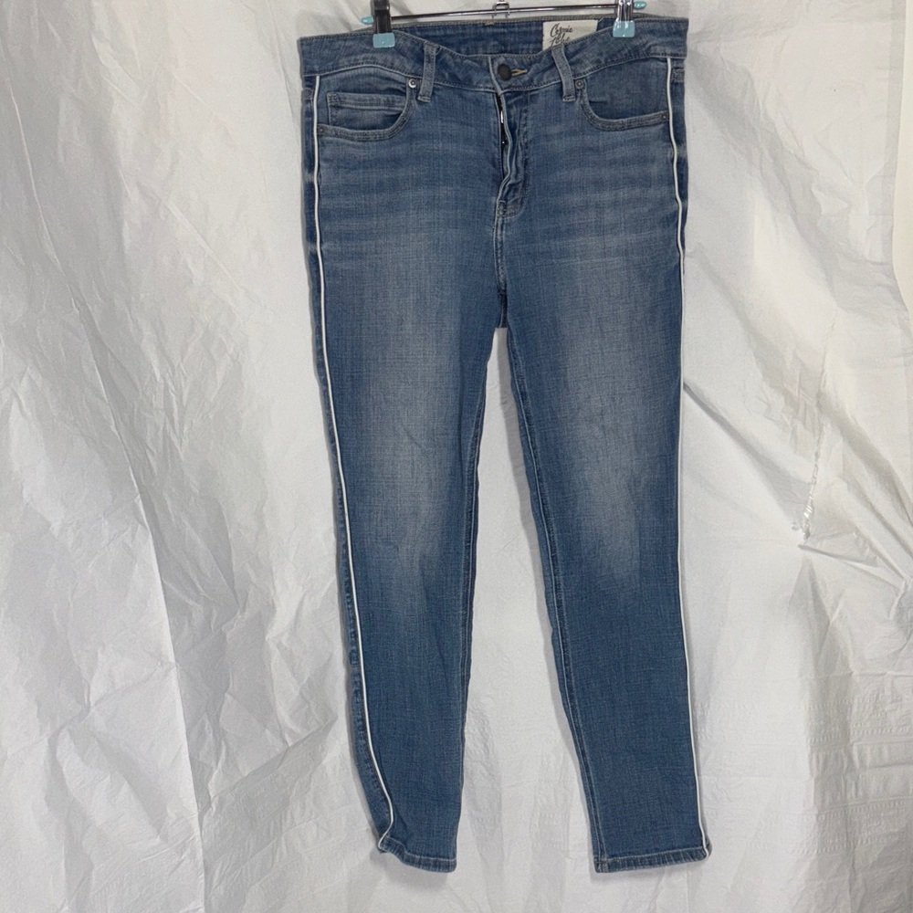 Classic Blue Skinny Jeans for Women With White Pin Stipe On Outer Side Seams